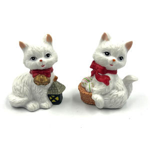 Vintage Ceramic White Kittens Red Scarf Lantern & Basket 2 Pieces Figurines